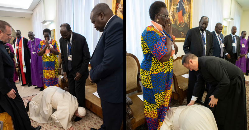 Pope stuns South Sudan leaders by kissing their feet, urges them to honor peace agreement