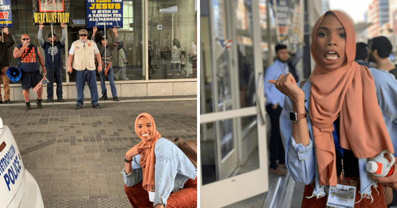 Photo of woman in hijab smiling in front of anti-Islam protesters goes viral: 'I wanted to combat their hatred with kindness'