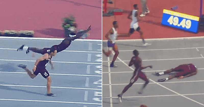 Texas A&M hurdler leaps over finish line, secures first place after landing flat on his face