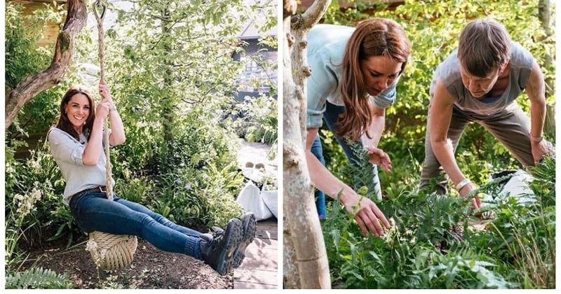 Kate Middleton plays on swing in flower garden she designed which features touching tribute to Princess Diana