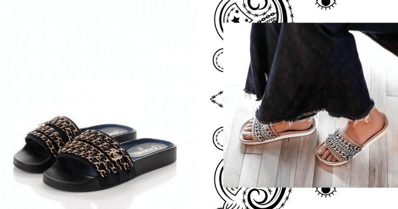 (L) Chanel's chain link slides and (R) Kendall and Kylie's Shiloh Platform Sandals (Pinterest and Twitter)