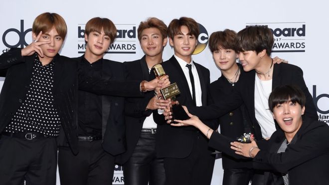 Music group BTS, winner of the Top Social Artist award, pose in the press room during the 2017 Billboard Music Awards at T-Mobile Arena on May 21, 2017 in Las Vegas, Nevada.
(May 20, 2017 - Source: David Becker/Getty Images North America)