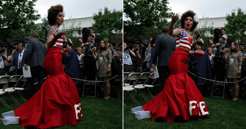 Joy Villa rocks red, white and blue gown at White House event and blasts reporters for bickering and 'reporting fake news'