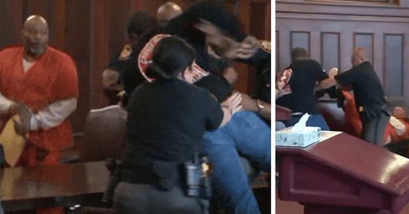 Brothers attack man in court after he pleads guilty to shooting their mother to death, reveals dramatic footage