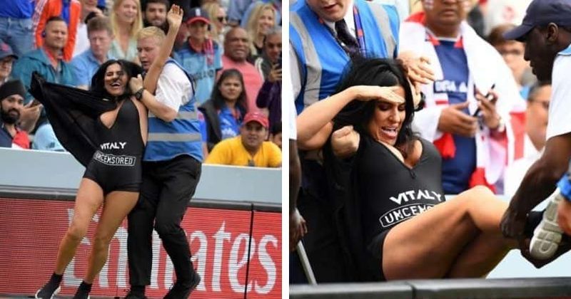 Scantily clad female streaker promoting X-rated website tries to invade pitch during Cricket World Cup final