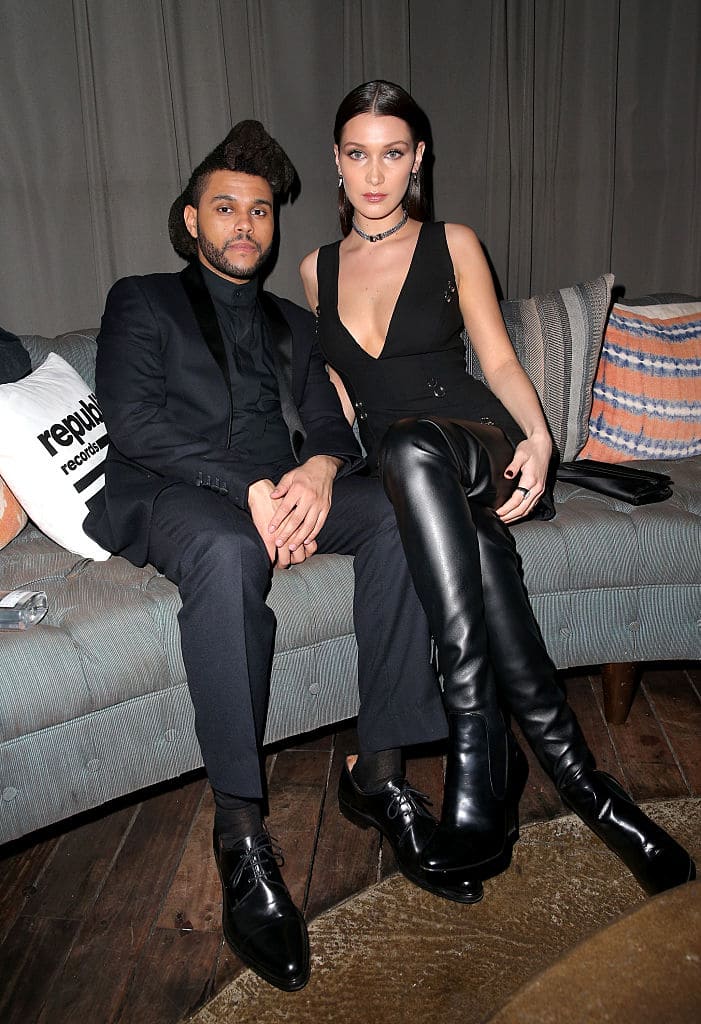Recording artist The Weeknd (L) and model Bella Hadid attend the Republic Records Grammy Celebration presented by Chromecast Audio at Hyde Sunset Kitchen & Cocktail on February 15, 2016 in Los Angeles, California. (Photo by Imeh Akpanudosen/Getty Images for Republic Records)