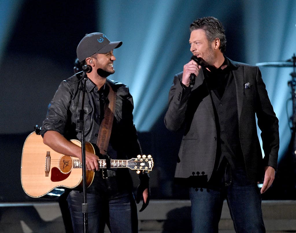 Co-host Luke Bryan (L) and recording artist Blake Shelton perform onstage during the 51st Academy of Country Music Awards at MGM Grand Garden Arena on April 3, 2016 in Las Vegas, Nevada. (Photo by Ethan Miller/Getty Images)