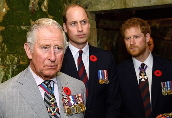 Prince Charles, Prince of Wales, Prince William, Duke of Cambridge and Prince Harry visit the tunnel and trenches at Vimy Memorial Park during the commemorations for the centenary of the Battle of Vimy Ridge on April 9, 2017 in Vimy, France. The Battle Of Vimy Ridge was fought during WW1 as part of the initial phase of the Battle of Arras. Although British-led, it was mostly fought by the Canadian Corps. A centenary commemorative service will be held at the Canadian National Vimy Memorial in France attended by the Prince of Wales, The Duke of Cambridge and Prince Harry and representatives of the Canadian Government. (Photo by Tim Rooke - Pool/Getty Images)