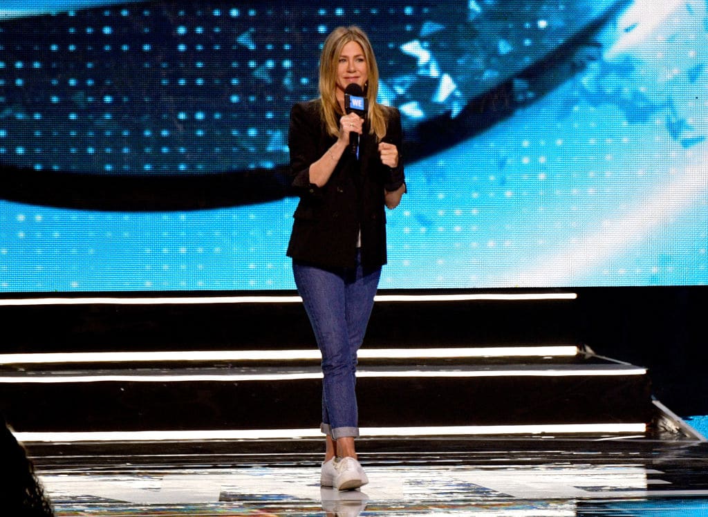 Jennifer Aniston speaks onstage at WE Day California at The Forum on April 19, 2018 in Inglewood, California. (Photo by Matt Winkelmeyer/Getty Images)