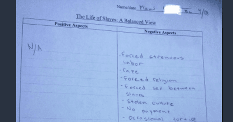 Texas teacher asks eighth-grade students to list out 'positives' of slavery, school issues apology