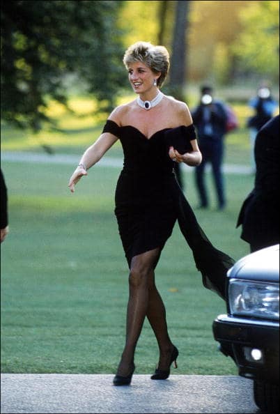 Princess Diana (1961 - 1997) arriving at the Serpentine Gallery, London, in a gown by Christina Stambolian, June 1994. (Getty Images)