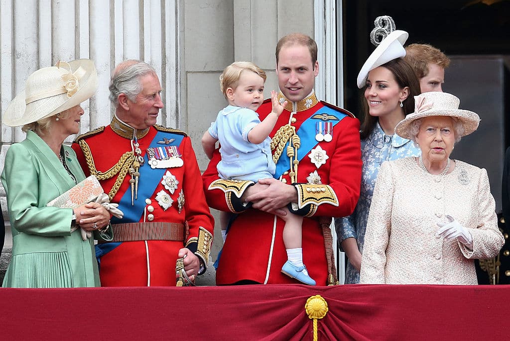 (L-R) Camilla, Duchess of Cornwall, Prince Charles, Prince of Wales, Prince George of Cambridge,Prince William, Duke of Cambridge, Catherine, Duchess of Cambridge, Queen Elizabeth II, Prince Harry look out on the balcony of Buckingham Palace during the Trooping the Colour on June 13, 2015 in London, England. . The ceremony is Queen Elizabeth II's annual birthday parade and dates back to the time of Charles II in the 17th Century when the Colours of a regiment were used as a rallying point in battle. (Photo by Chris Jackson/Getty Images)