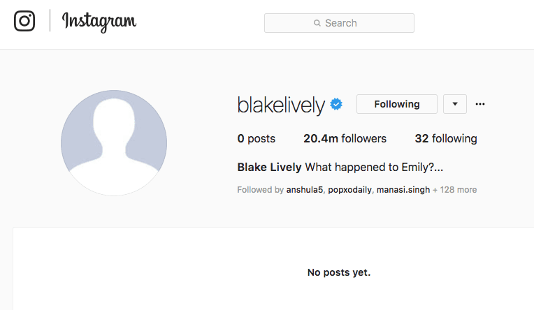 The 30-year-old has completely wiped off her Instagram account, including her own profile picture. (Source: Instagram)