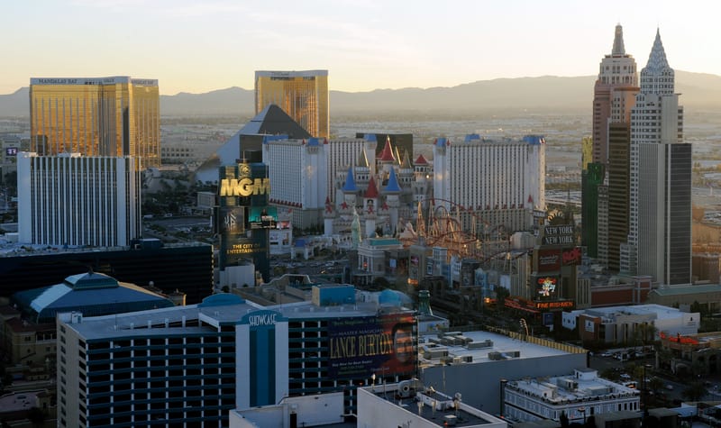A general view of hotel-casinos on the south end of the Las Vegas Strip in Las Vegas, Nevada. (Photo by Ethan Miller/Getty Images)