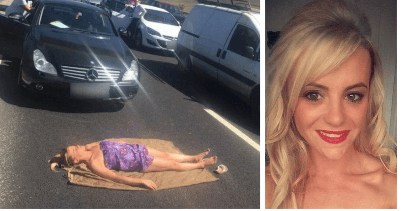 Stuck in a jam on expressway, woman decides to pass time by sunbathing on the road