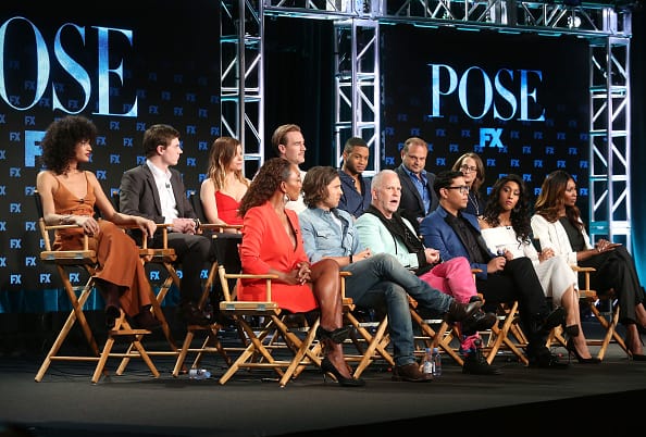Actors Indya Moore, Evan Peters, Kate Mara, James Van der Beek, Ryan Jamaal Swain, executive producer Brad Simpson and executive producer Nina Jacobson, (l-r, front row) producer/writer Janet Mock, co-creator/executive producer/writer Brad Falchuk, co-creator/showrunner/executive producer/writer/director Ryan Murphy, co-creator/executive producer/writer Steven Canals and actors MJ Rodriguez and Dominique Jackson of the television show POSE speak onstage during the FOX/FX Networks portion of the 2018 Winter Television Critics Association Press Tour at The Langham Huntington, Pasadena on January 5, 2018 in Pasadena, California. (Photo by Frederick M. Brown/Getty Images)