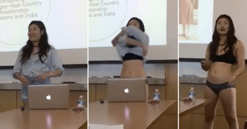 Cornell University senior strips during presentation after teacher questions length of her denim shorts