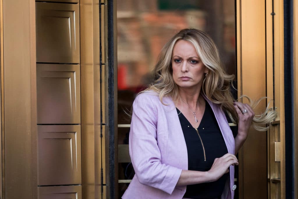 Adult film actress Stormy Daniels (Stephanie Clifford) exits the United States District Court Southern District of New York for a hearing related to Michael Cohen, President Trump's longtime personal attorney and confidante, April 16, 2018 in New York City. (Photo by Drew Angerer/Getty Images)