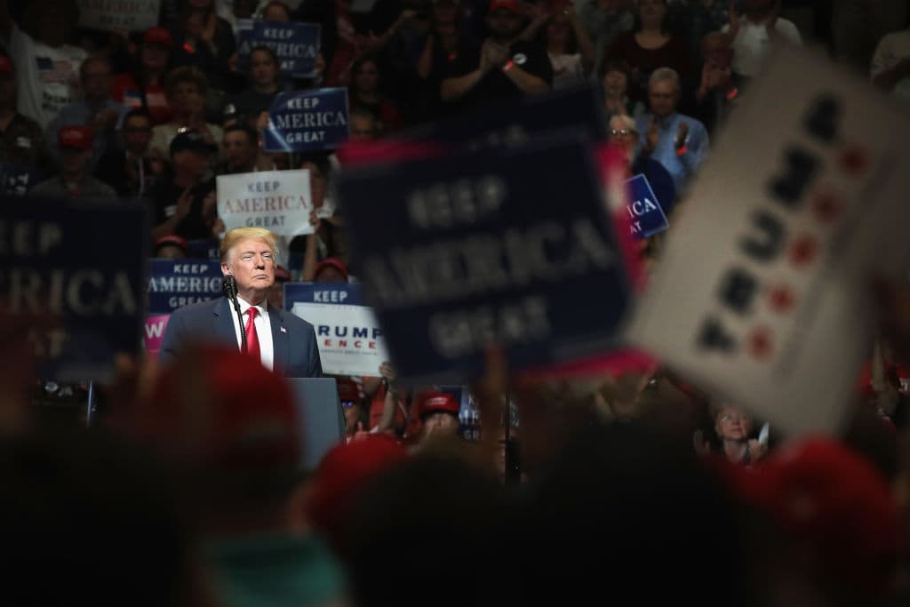 President Donald Trump speaks to supporters at a campaign rally on May 10, 2018 in Elkhart, Indiana. The crowd filled the 7,500-person-capacity gymnasium. (Photo by Scott Olson/Getty Images)