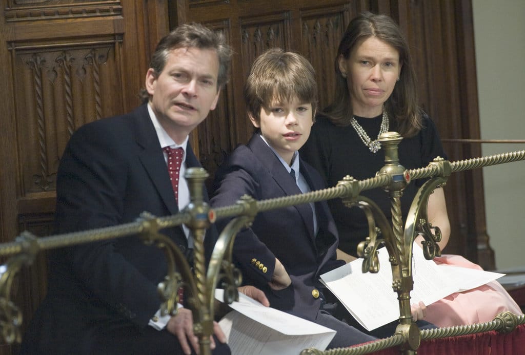 The niece of Queen Elizabeth II Sarah Chatto, with husband Daniel Chatto and son Arthur Chatto look on in the House of Lords in the Palace of Westminster before the State Opening of Parliament on May 25, 2010 in London, England. (Photo by Arthur Edwards - WPA Pool/Getty Images)