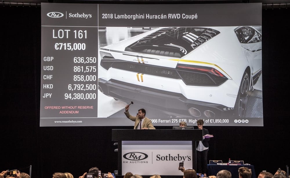 The uniquely customized one-off Lamborghini Huracán, donated to Pope Francis on 27 November 2017, was sold for the price of 715,000 euros during the RM Sotheby’s auction in Monte Carlo’s Grimaldi Forum. (Courtesy of RM Sotheby's/Facebook)