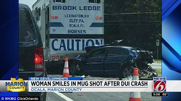 Welk crashed into the rear of Kroll's car, pictured above, propelling it forward to hit a tractor-trailer in front of it, severely injuring Clarkson. (WKMG Screenshot)