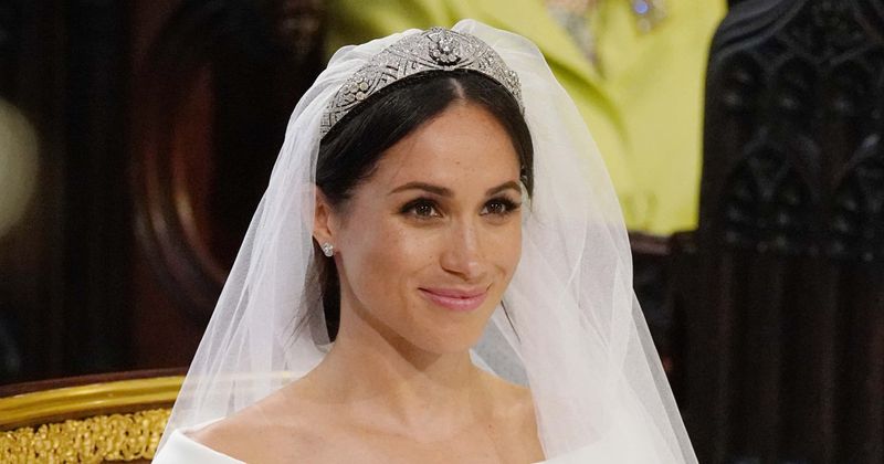 Meghan Markle wears Queen Mary's diamond bandeau tiara, lent to her by the Queen