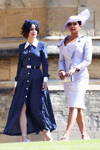 Abigail Spencer (L) arrives at St George's Chapel at Windsor Castle before the wedding of Prince Harry to Meghan Markle on May 19 (Getty Images)
