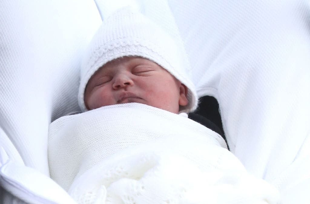 The new born son Prince Louis of Cambridge of Prince William, Duke of Cambridge and Catherine, Duchess of Cambridge as they depart the Lindo Wing at St Mary's Hospital on April 23, 2018 in London, England (Photo by Chris Jackson/Getty Images)