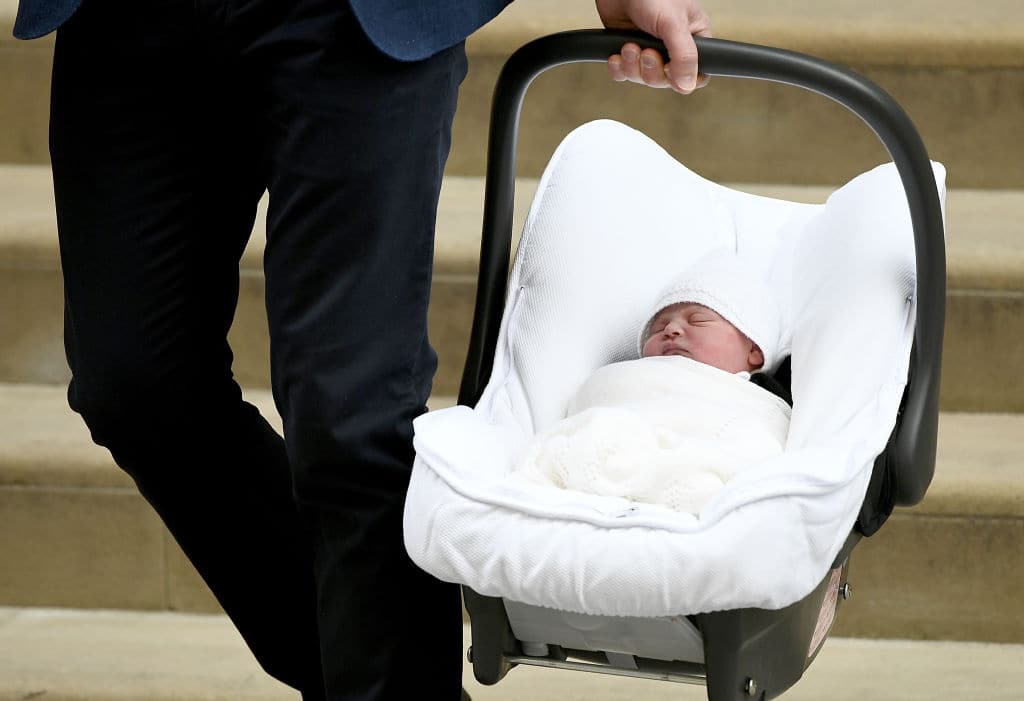 The newborn son Prince Louis of Cambridge of Catherine, Duchess of Cambridge and Prince William, Duke of Cambridge, held by Prince William departs the Lindo Wing at St Mary's Hospital on April 23, 2018 in London, England (Photo by Gareth Cattermole/Gareth Cattermole/Getty Images)