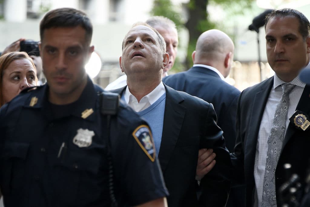 Harvey Weinstein arrives for arraignment at Manhattan Criminal Courthouse in handcuffs after being arrested and processed on charges of rape, committing a criminal sex act, sexual abuse and sexual misconduct on May 25, 2018 in New York City. (Photo by Steven Ferdman/Getty Images)