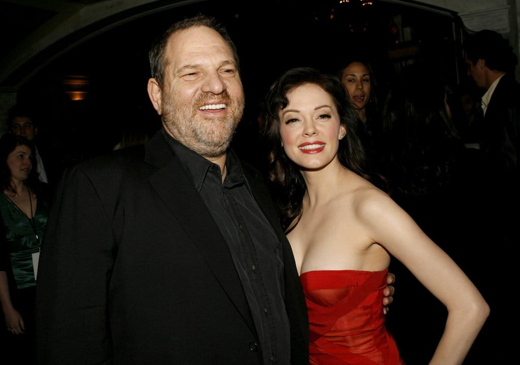 Producer Harvey Weinstein (L) and actress Rose McGowan arrive to the premiere of 'Grindhouse' at the Orpheum Theatre on March 26, 2007 in Los Angeles, California. (Photo by Kevin Winter/Getty Images)