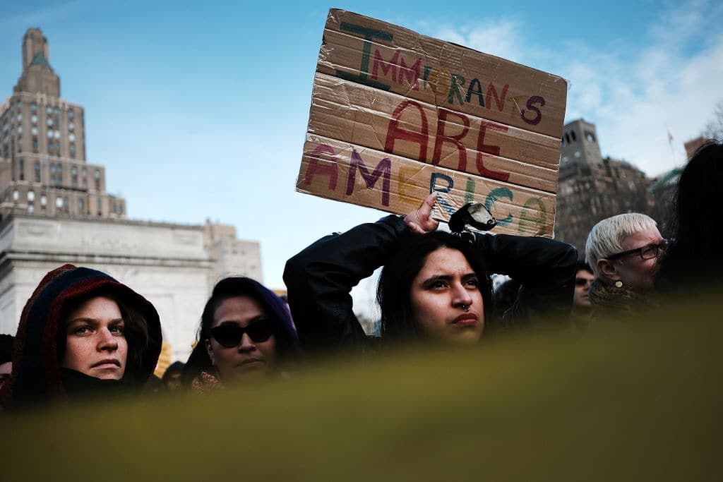 Demonstrators march against the immigration polices of President Donald Trump and other issues on February 11, 2017 in New York City. (Getty Images)
