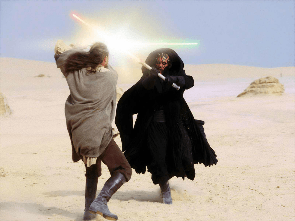 Darth Maul locking lightsabers with Qui-Gon Jinn in 'Star Wars: Episode IV - The Phantom Menace'. (Image Source: Wikia)