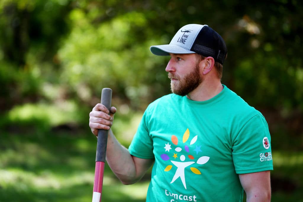 NASCAR XFINTY Series driver, Jeffrey Earnhardt, helps landscape during the Comcast Cares Day project supporting the Virginia Home for Boys & Girls on April 21, 2018 in Henrico, Virginia. (Photo by Sarah Crabill/Getty Images)