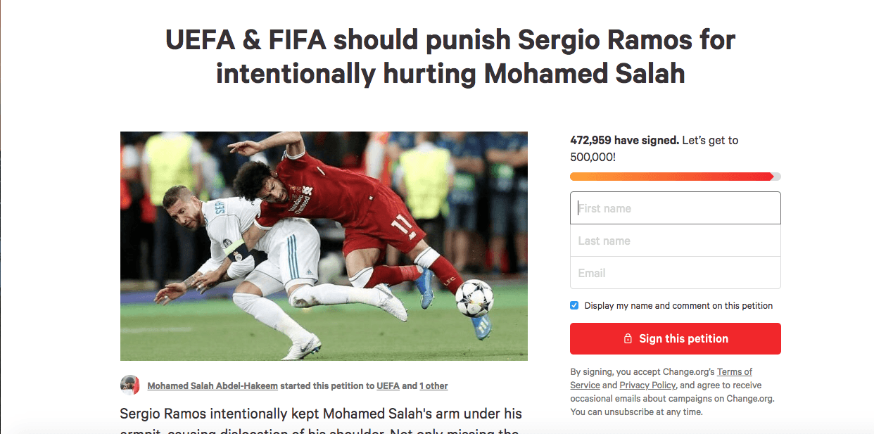 A screenshot of the Change.org petition against Salah. (Change.org)