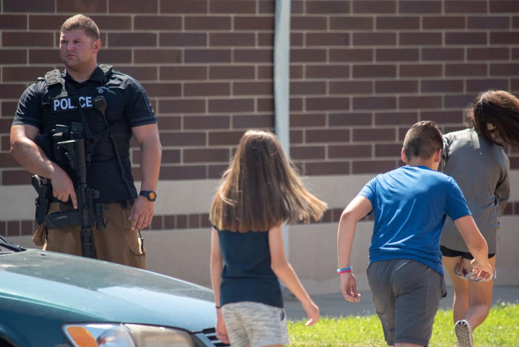 Police asses the scene outside Noblesville High School after a shooting at Noblesville West Middle School on May 25, 2018, in Noblesville, Indiana. (Photo by Kevin Moloney/Getty Images)