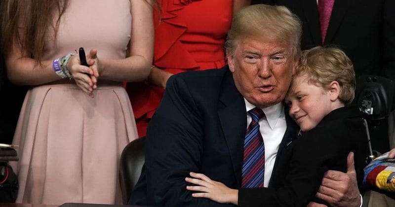Adorable 9-year old boy tries multiple times to get a hug from Trump, eventually succeeds in getting a hug and a kiss