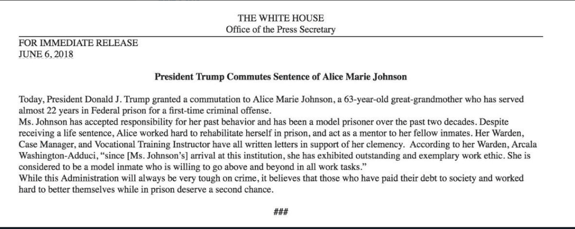 The statement released by the White House about Johnson's clemency. (Twitter)