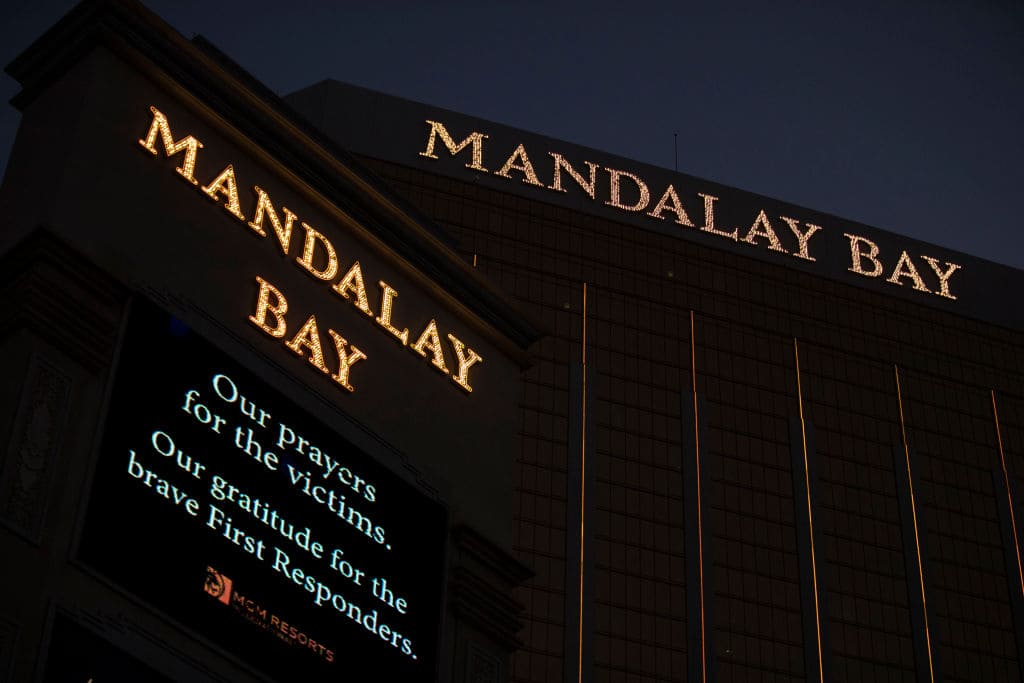 A message of condolences for the victims of Sunday night's mass shooting is displayed outside the Mandalay Bay Resort and Casino, October 3, 2017 in Las Vegas, Nevada. (Getty Images)