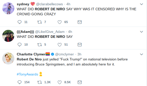 People were awestruck at De Niro's comment on Trump at the Tony Awards.(Twitter)