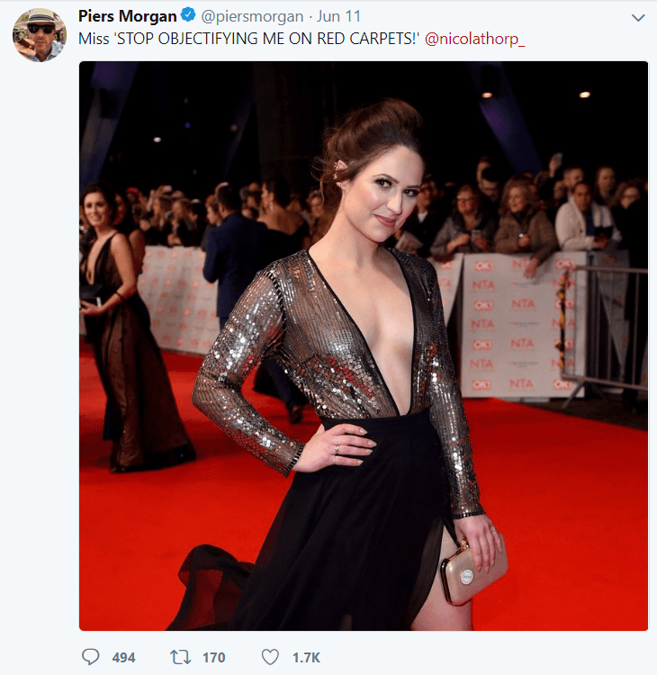 Piers Morgan took tweeted a picture of Nicola wearing a low-cut dress (Twitter)