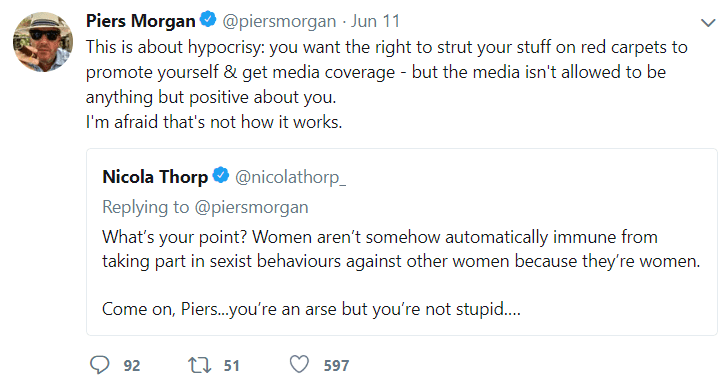 Nicola Thorp and Piers Morgan got into a heated argument over revealing red carpet outfits. (Twitter)