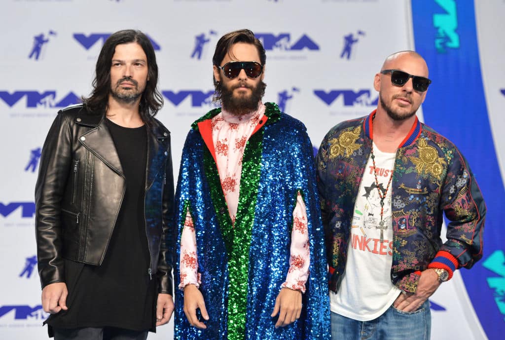 Tomo Milicevic, Jared Leto and Shannon Leto of Thirty Seconds to Mars attend the 2017 MTV Video Music Awards at The Forum on August 27, 2017 in Inglewood, California. (Photo by Alberto E. Rodriguez/Getty Images)