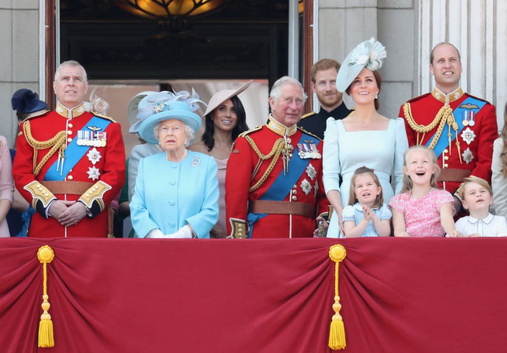 Princess Anne, Princess Royal, Princess Beatrice, Lady Louise Windsor, Prince Andrew, Duke of York, Queen Elizabeth II, Meghan, Duchess of Sussex, Prince Charles, Prince of Wales, Prince Harry, Duke of Sussex, Catherine, Duchess of Cambridge, Prince William, Duke of Cambridge, Princess Charlotte of Cambridge, Savannah Phillips, Prince George of Cambridge and Isla Phillips watch the flypast on the balcony of Buckingham Palace during Trooping The Colour (Source: Getty Images)