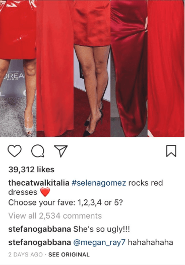 Pictured is a screenshot of the translated comments that Stefano posted on a collage of Selena (Instagram)