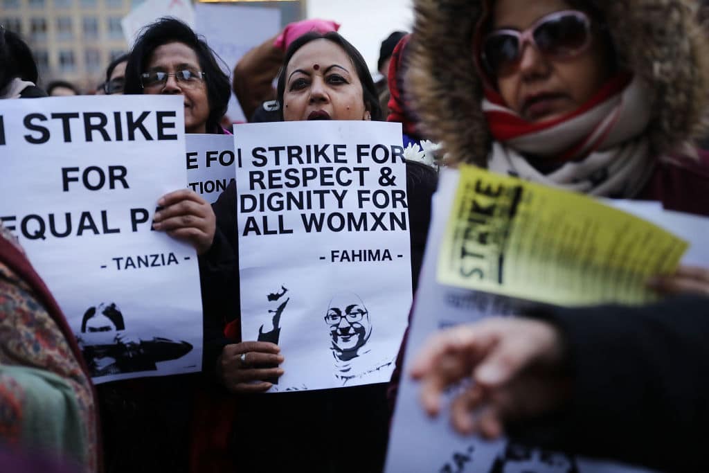 A group of women attend a rally and march in Washington Square Park for international Women's Day on March 8, 2018 in New York City. (Getty Images)