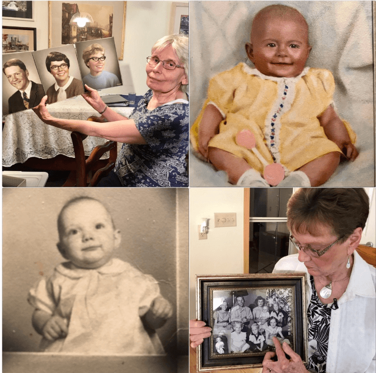Denise Juneski and Linda Jourdeans with photos of the families they grew up with (Twitter)