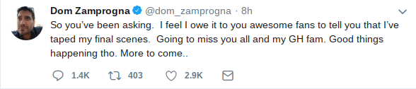 Zamprogna took to Twitter to announce his exit from the show. (Twitter)