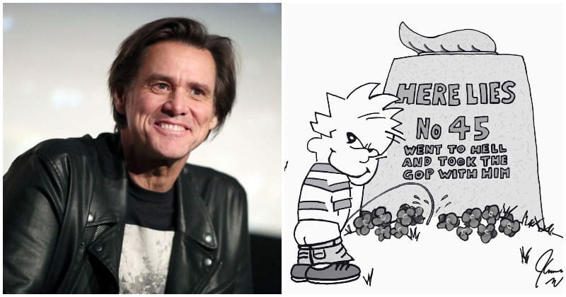 Jim Carrey mocks President Trump on his birthday with a painting of Calvin pissing on his grave